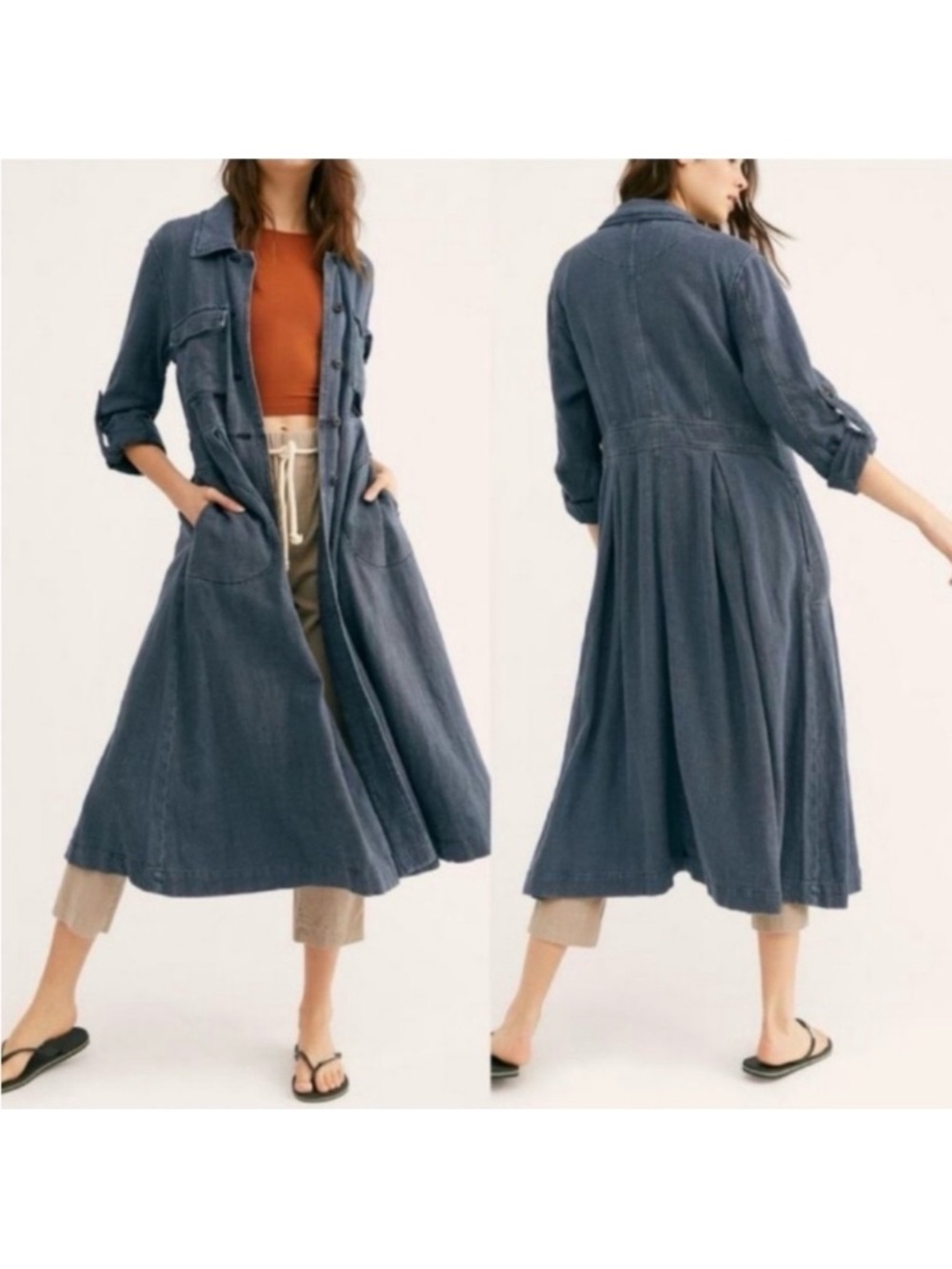 Free People Rainz Linen Blend Longline Maxi Duster Jacket Atlantic Washed Blue